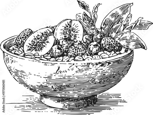 Fruit bowl with kiwi, berries and leaves healthy organic fresh food with variety of fruits in a wooden bowl