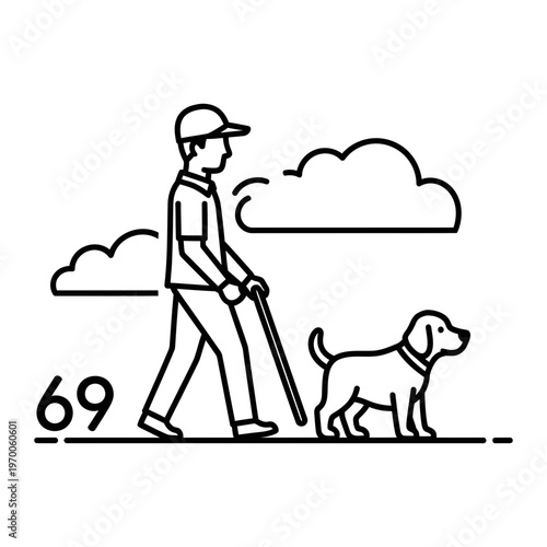 Person walking with guide dog on sidewalk
