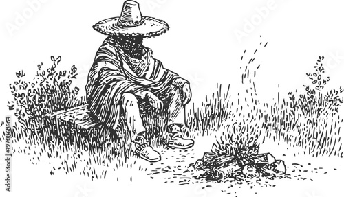 man sitting by campfire outdoors wearing wide hat and cloak, resting in nature