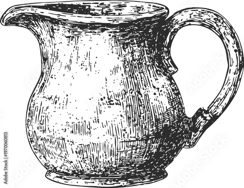 vintage ceramic jug with handle and curved spout, rustic kitchenware design