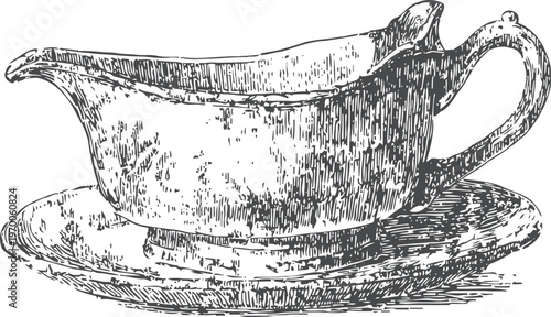 Vintage gravy boat with saucer classic sauce serving dish, detailed sketch in black and white engraving