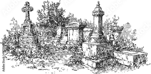Vintage cemetery scene with old tombstones, crosses, and overgrown vegetation in black and white