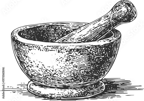 Hand drawn mortar and pestle illustration traditional kitchen tool for grinding and crushing herbs and spices