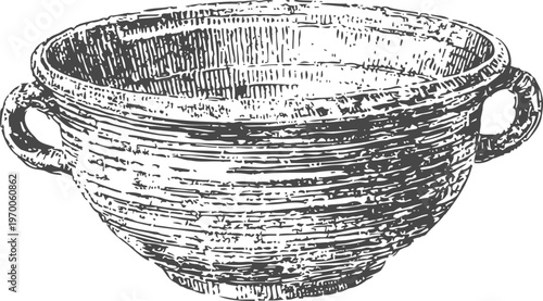 Vintage rustic ceramic bowl with handles hand drawn monochrome kitchenware illustration