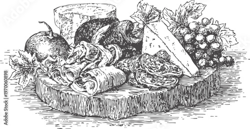 Assorted cheese and charcuterie board with grapes, apple, and herbs, rustic dining illustration