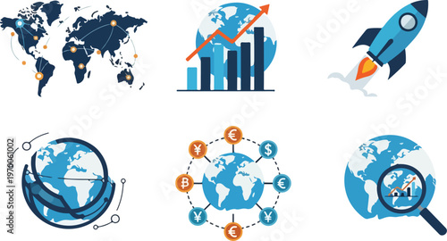 Startup Icon Set Featuring Globe Finance and Tech Concepts