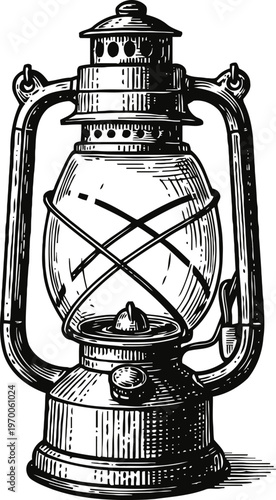 Vintage oil lantern drawing retro kerosene lamp with glass chimney and metal frame engraving illustration