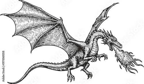 Ancient dragon breathing fire with large wings spread wide in detailed vintage illustration