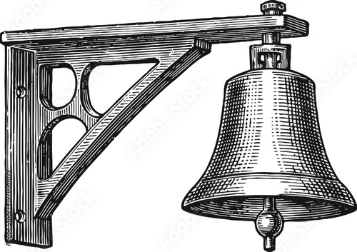 Vintage bell mounted on decorative wooden bracket old metal ringing bell illustration