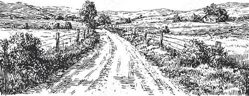 Rustic countryside dirt road surrounded by fences and fields with distant hills and houses in black ink sketch