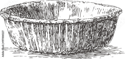 Vintage hand drawn round basket, rustic woven container illustration