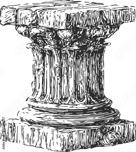 Ancient greek ionic column capital with detailed fluted shaft and volute decoration sketch