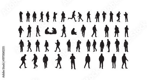 Collection of various human silhouettes in different poses and actions isolated on transparent background