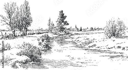 black and white hand drawn river landscape with trees and bushes along the shore, countryside scenery