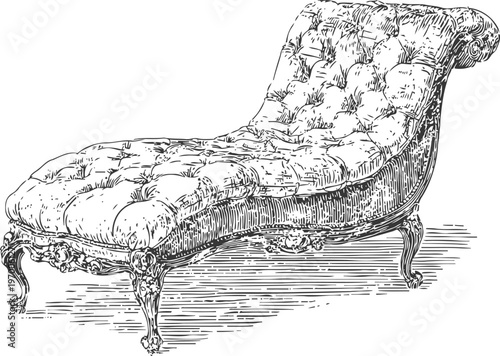 Vintage chaise lounge chair with tufted upholstery and carved wooden legs, classic victorian furniture