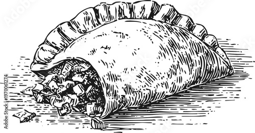 Hand drawn illustration of a savory empanada with detailed crust and filling spilling out