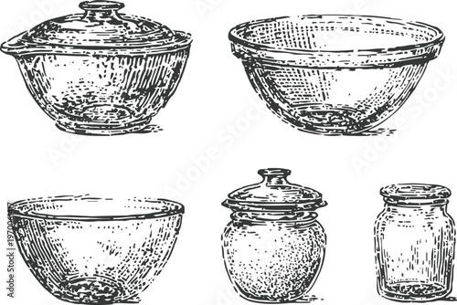 Vintage kitchen glass bowls and jars set with lids, hand drawn rustic tableware collection