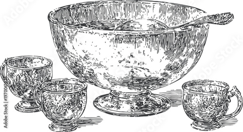 vintage punch bowl set with ladle and matching cups, detailed metalwork engraving illustration