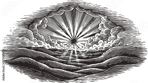 Sunrise landscape with rays bursting through clouds over rolling hills in vintage engraving