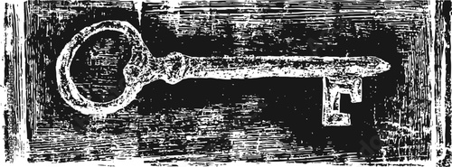 Vintage skeleton key illustration with textured background, antique metal old fashioned lock opener