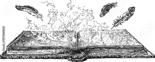 Open magical book with floating feathers and mystical smoke illustration in vintage
