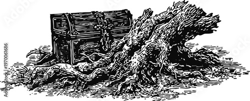 old treasure chest locked with chain beside large gnarled tree roots detailed black ink drawing