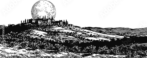 Moon rising over rustic village on rolling hills black and white vintage countryside landscape illustration