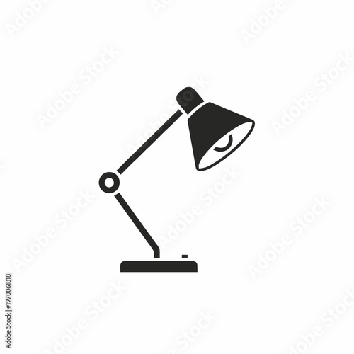A minimalist black and white illustration of a modern desk lamp with an adjustable arm and conical shade, perfect for office or study themes