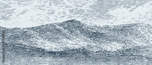 Blue mountain landscape with textured sky and lake reflections in abstract ink