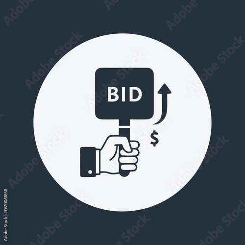 Hand holding a BID sign with an upward trending arrow and dollar sign, representing the concept of bidding and financial growth in an auction or sale