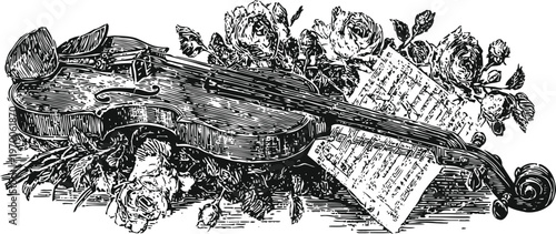 Vintage violin lying on a bed of roses with musical notes in an artistic black and white engraving