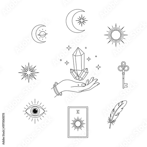 Mystical hand holding crystal with fortune tellin