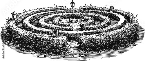 Circular garden maze with trimmed hedges and lanterns along pathways, classic outdoor labyrinth design