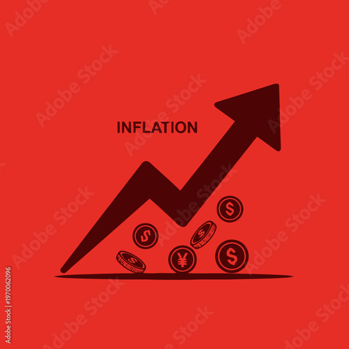 Dynamic Illustration of Economic Inflation and Rising Financial Costs, Depicting an Upward Trend Arrow with Global Currency Symbols Against a Striking Red Background