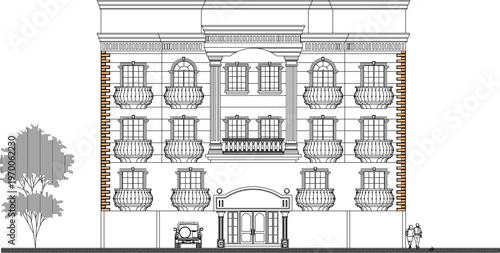 Detailed Exterior Facade Illustration for Property Development Featuring Symmetrical Balcony Arrangements and Professional Drafting Notations 