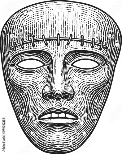 vintage stitched mask illustration scary face with sewn forehead and hollow eyes horror and halloween symbol