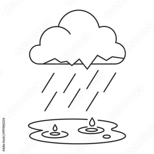 Rain cloud with falling raindrops and puddles ico