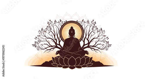 Silhouette design of Lord Mahavira in meditation pose on a lotus, adorned with floral decorations and set against a clean white background with a spiritual and serene mood, rendered