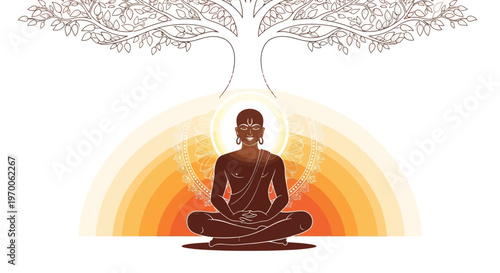 Silhouette illustration of Lord Mahavira in meditation under a floral tree, designed in vector format for Indian celebration, featuring traditional decoration and a clean white background