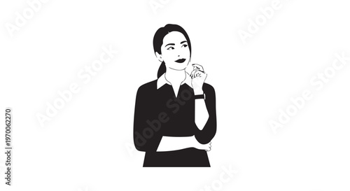 A woman in a thoughtful pose with her finger on her chin isolated on transparent background