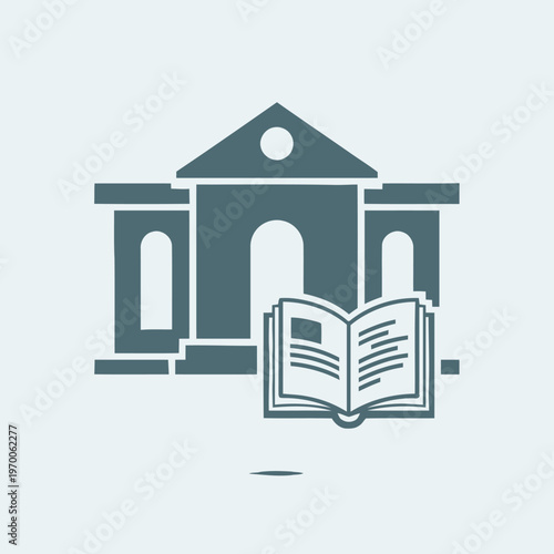 An abstract illustration of a building with an open book, symbolizing education, knowledge, and learning related to finance or banking institutions