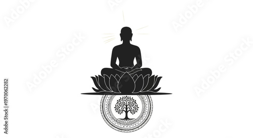 Silhouette vector illustration of Lord Mahavira in meditation pose seated atop a lotus flower with an ornate tree of life mandala below, rendered in a minimalist style against a clean white