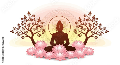 Silhouette vector illustration of Lord Mahavira in meditation posture, set against a floral decorated background with two trees, conveying a sense of peace and celebration within an Indian