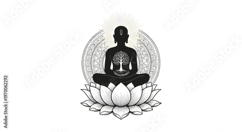 Silhouette vector illustration depicting Lord Mahavira in meditation, seated on a lotus flower with intricate floral decorations, conveying a sense of peace and spirituality against a clean