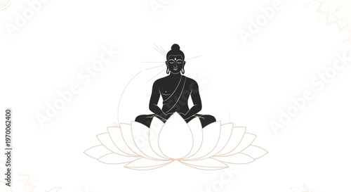Vector illustration featuring a Lord Mahavira silhouette in meditation, seated upon a stylized lotus flower against a clean white backdrop, with decorative floral elements and a minimalist