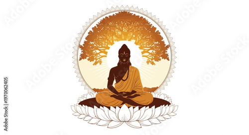 Detailed vector illustration depicting a Lord Mahavira silhouette in meditation, seated on a lotus flower, with intricate floral designs and warm, earthy tones evoking a sense of peace