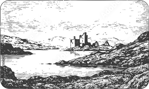 vintage black and white illustration of castle ruins by a lakeside with mountains and rocky shore