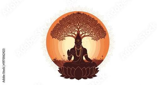 Stylized vector illustration featuring a silhouette of Lord Mahavira in meditation pose atop a lotus flower, with a tree above him against a gradient orange circle, creating a peaceful