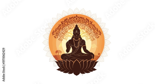 Silhouette illustration of Lord Mahavira meditating in lotus position with floral decoration against a warm orange background, designed as an icon symbolizing peace and celebration
