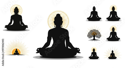 A vector illustration showcases several silhouettes of Lord Mahavira in meditation poses, adorned with floral and radiant designs, presented in a clean, decorative style, perfect for Indian